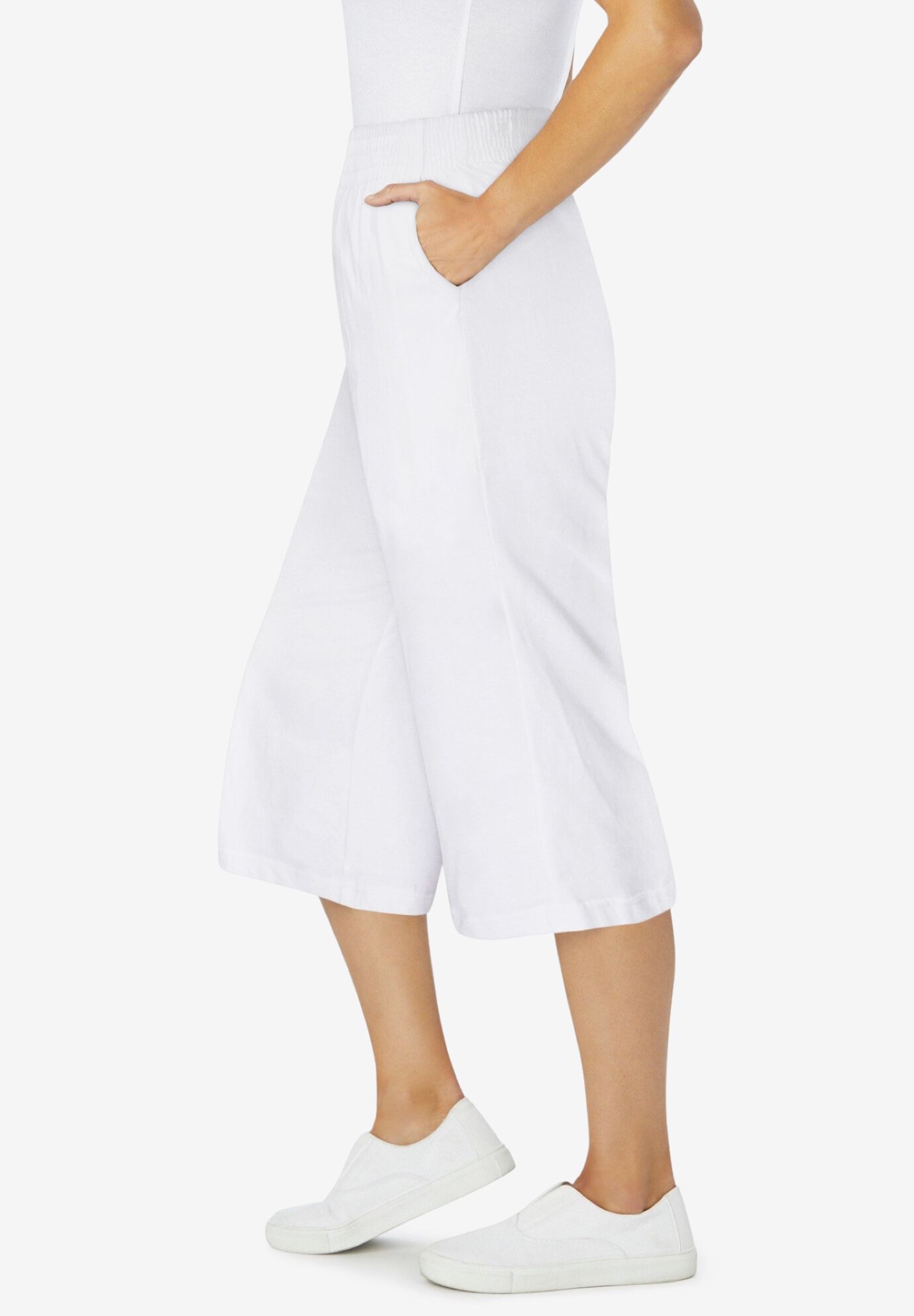 Elastic-Waist Pull-On Knit Pocket Capri Pants, WHITE, alternate image number 3