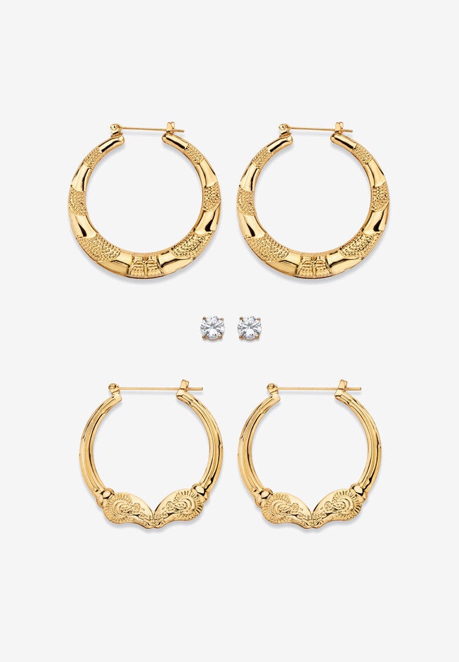 Cubic Zirconia Stud and Hoop Earring Set in Goldtone, GOLD, hi-res image number 0