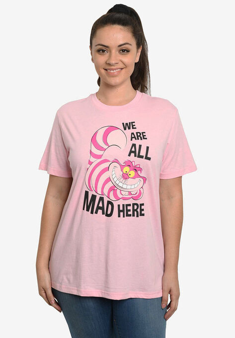 Disney Women's Cheshire Cat Alice in Wonderland "We Are All Mad Here" T-Shirt Pink, PINK, hi-res image number null