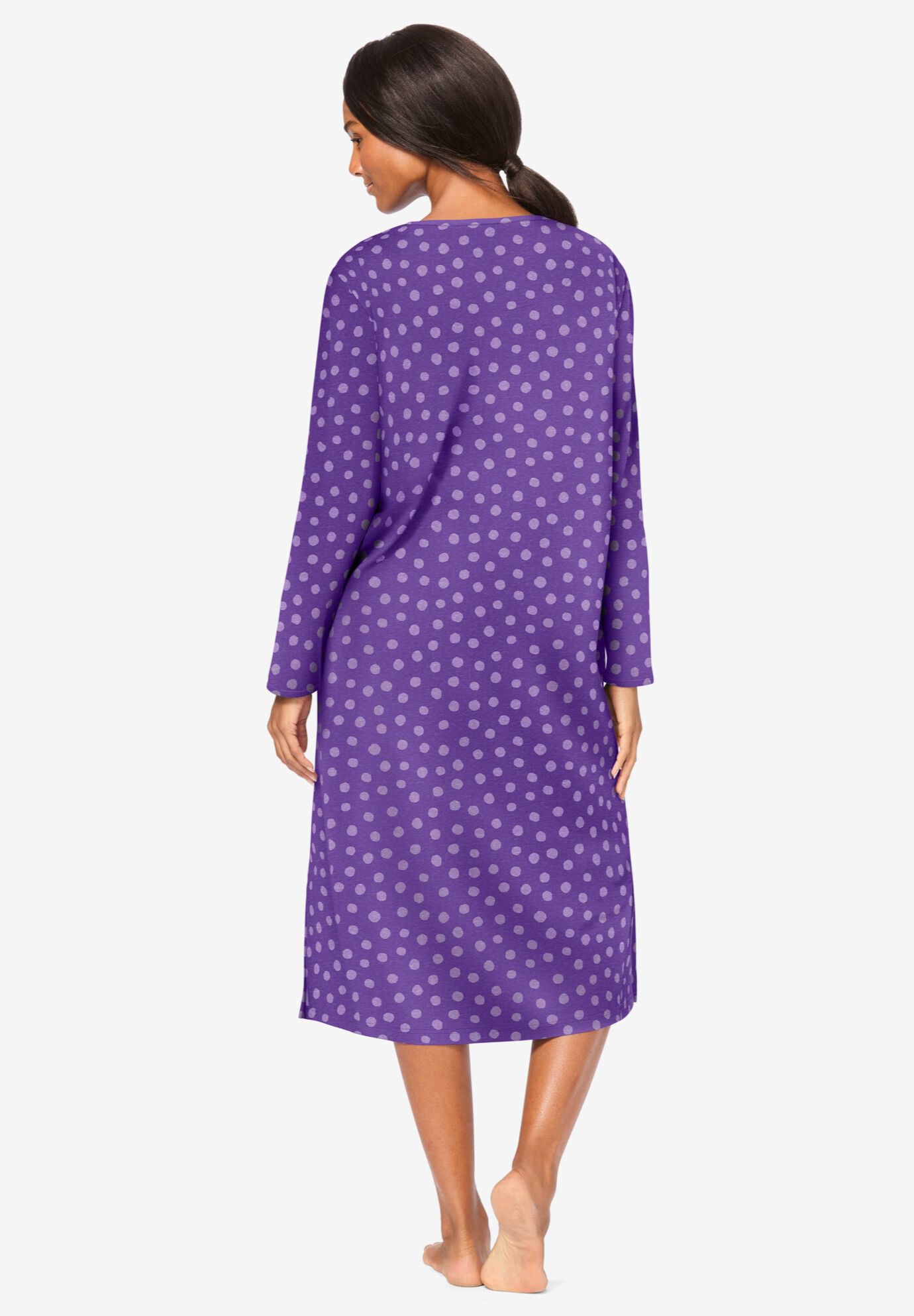 Long-Sleeve Henley Print Sleepshirt, PLUM BURST DOT, on-hover image number 1