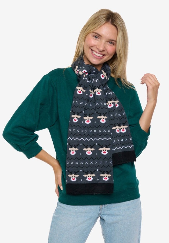 Womens Christmas Reindeer Knit Scarf 70 inches Fair Isle Double Sided Print, RED, alternate image number 5