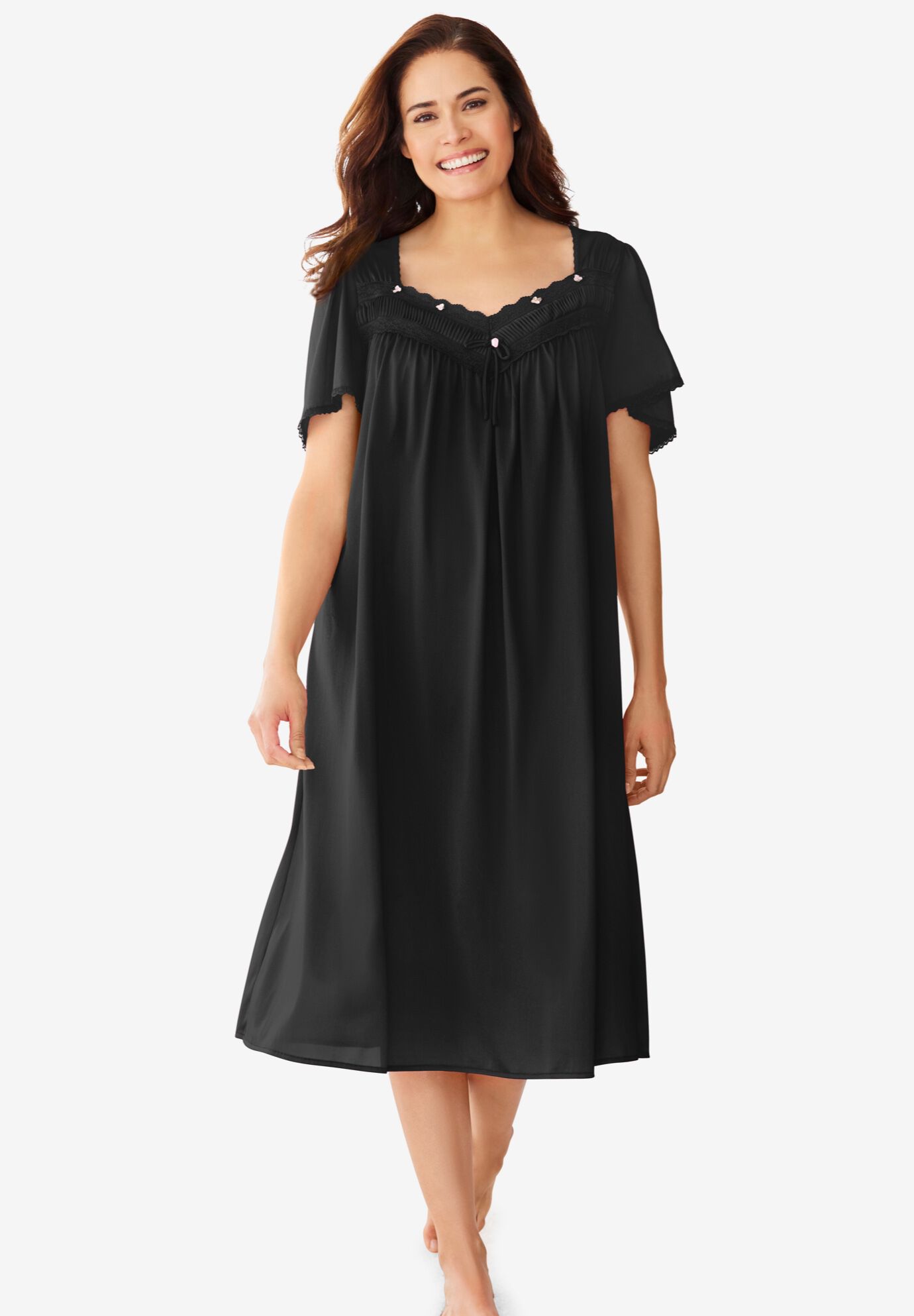 Short Silky Lace-Trim Gown, BLACK, hi-res image number 0