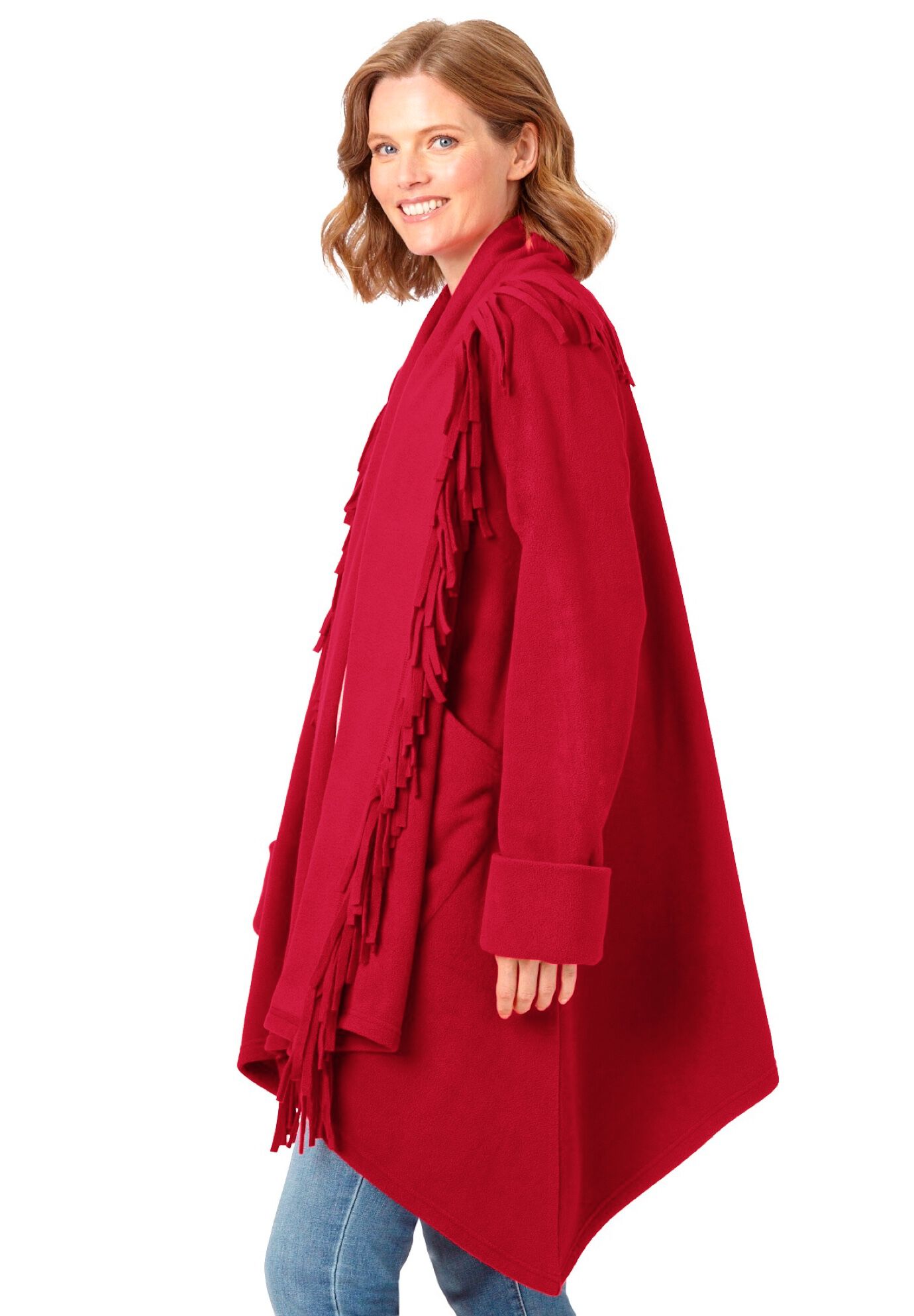 Fringed Shawl Collar Fleece Jacket, CLASSIC RED, alternate image number 2