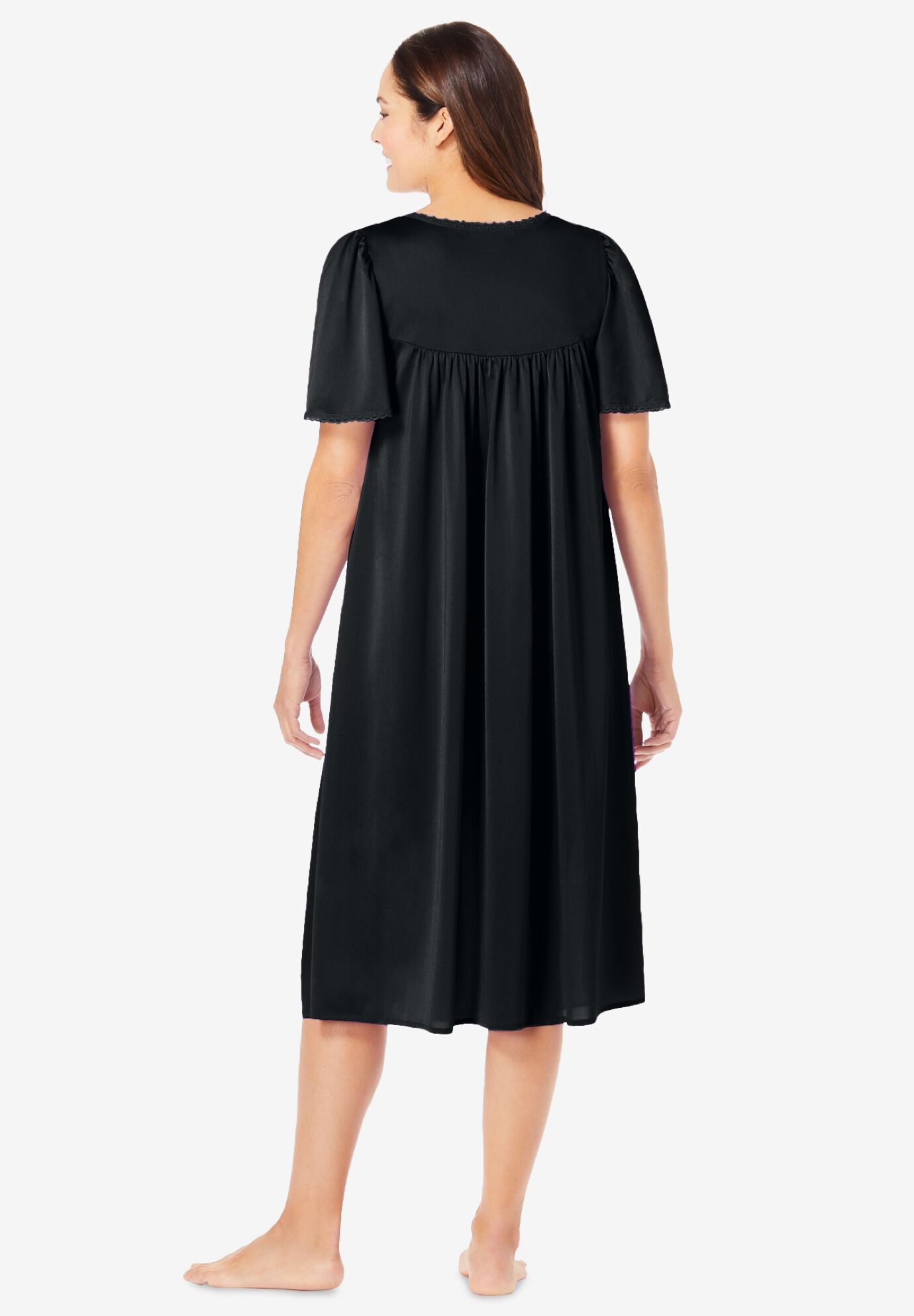 Short Silky Lace-Trim Gown, BLACK, on-hover image number 1