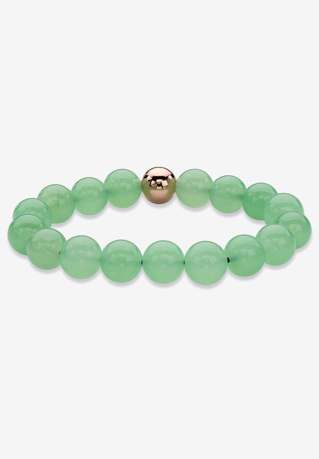 Yellow Gold Stretch Bracelet with Beaded Genuine Green Jade, 7 inches, JADE, hi-res image number null