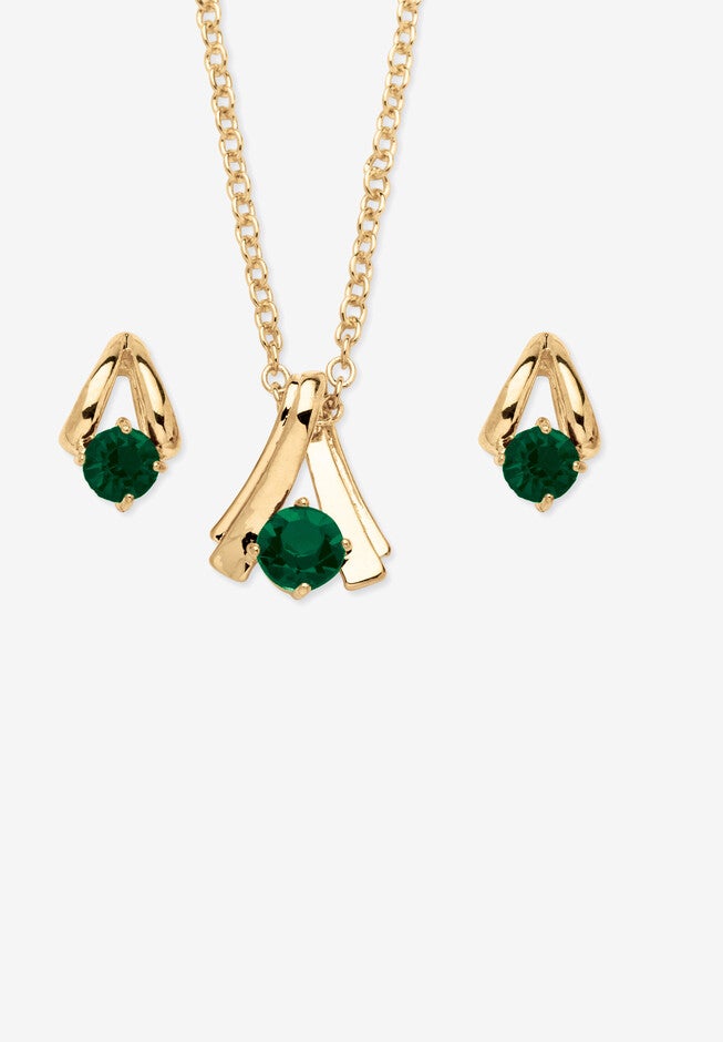Simulated Birthstone Solitaire Pendant and Earring Set with FREE Gift in Goldtone, Boxed, MAY, hi-res image number 0