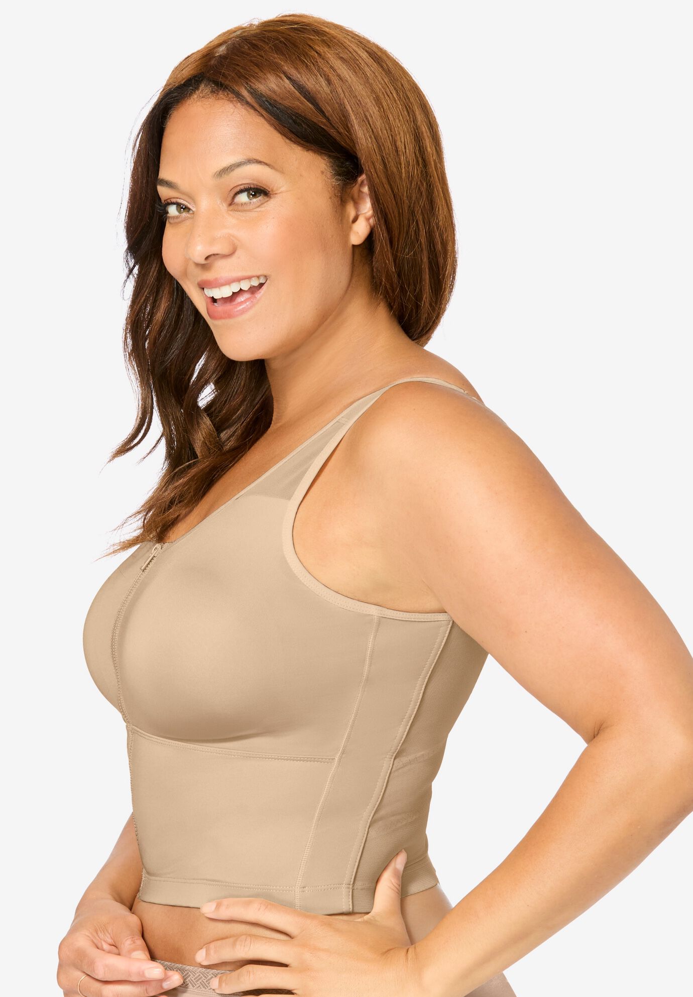 Comfort Choice® Longline Zip-Front Posture Bra, NUDE, alternate image number 2