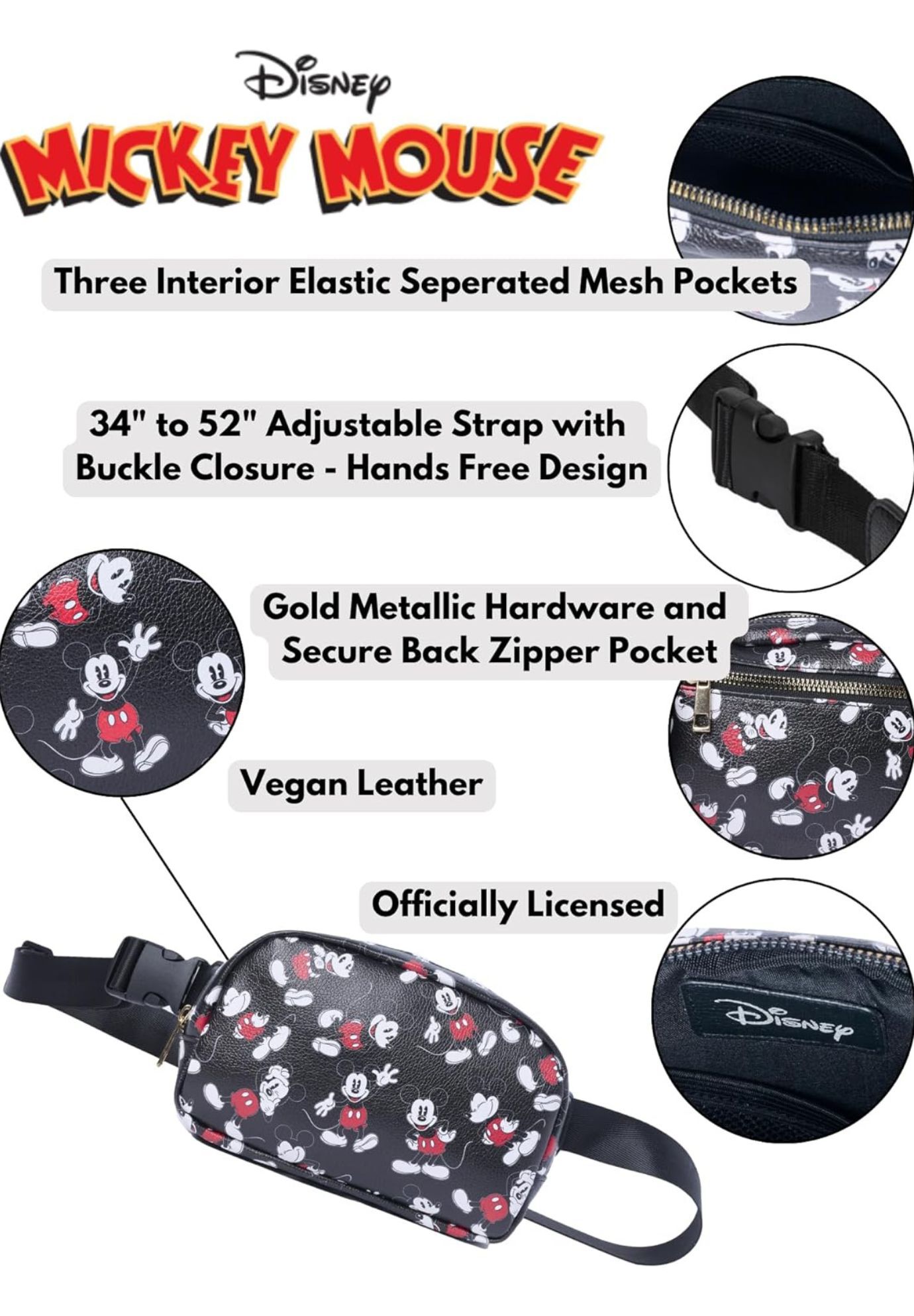 Disney Mickey Mouse Belt Bag Travel Fanny Pack Waist Bag Crossbody Zippered, BLACK, alternate image number 4