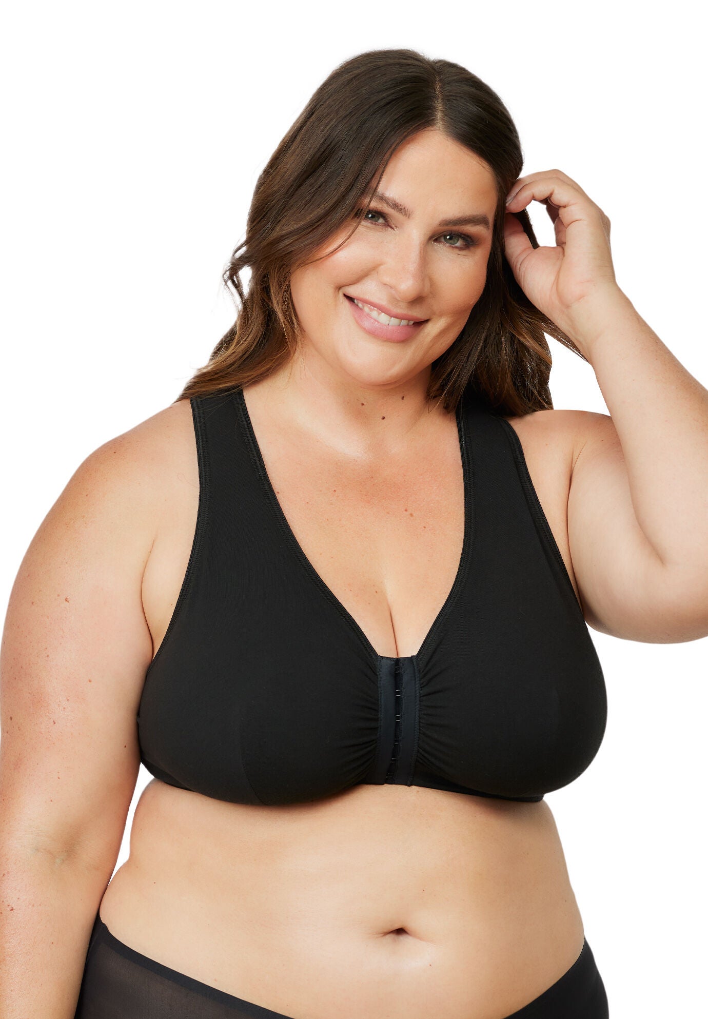 The Indy - Cotton Front-Closure Lace Racerback Bra, BLACK, hi-res image number 0