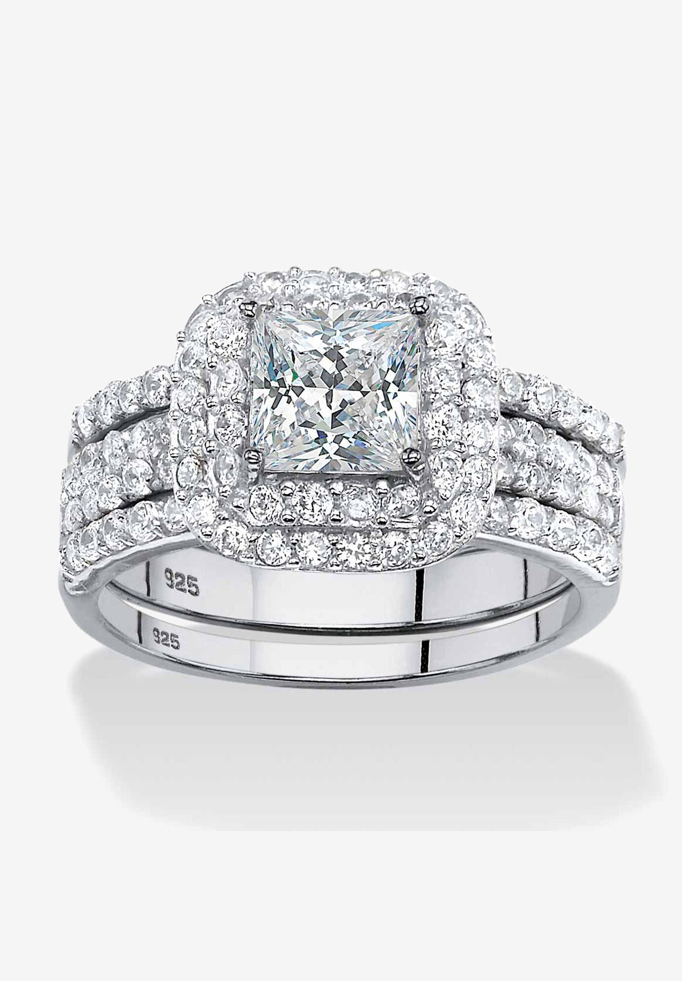 Platinum Over Sterling Silver Cubic Zirconia Halo 3-Piece Bridal Set, CUBIC ZIRCONIA, hi-res image number 0