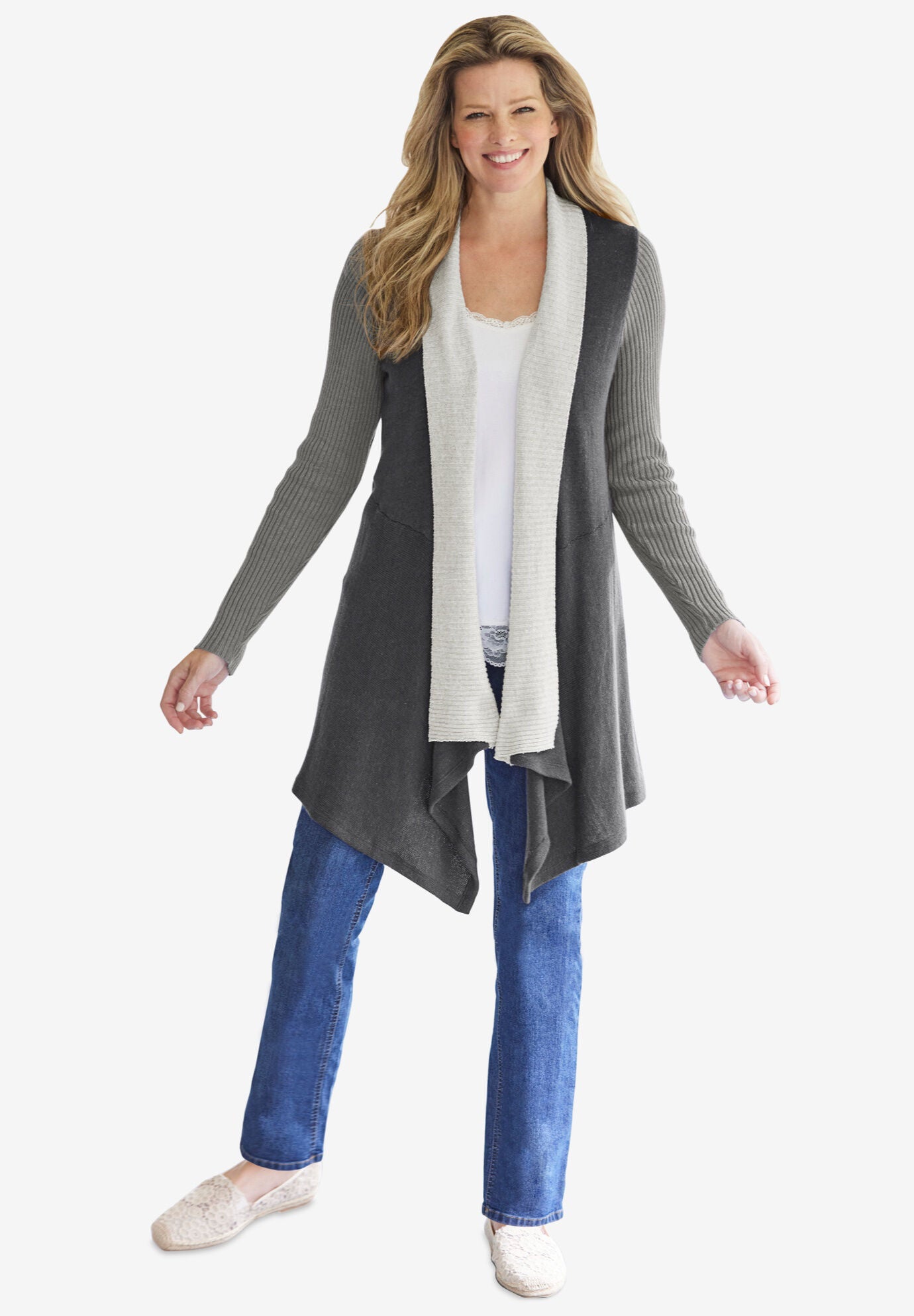 Color block Drape Duster Cardigan, MEDIUM HEATHER GREY COLORBLOCK, hi-res image number 0