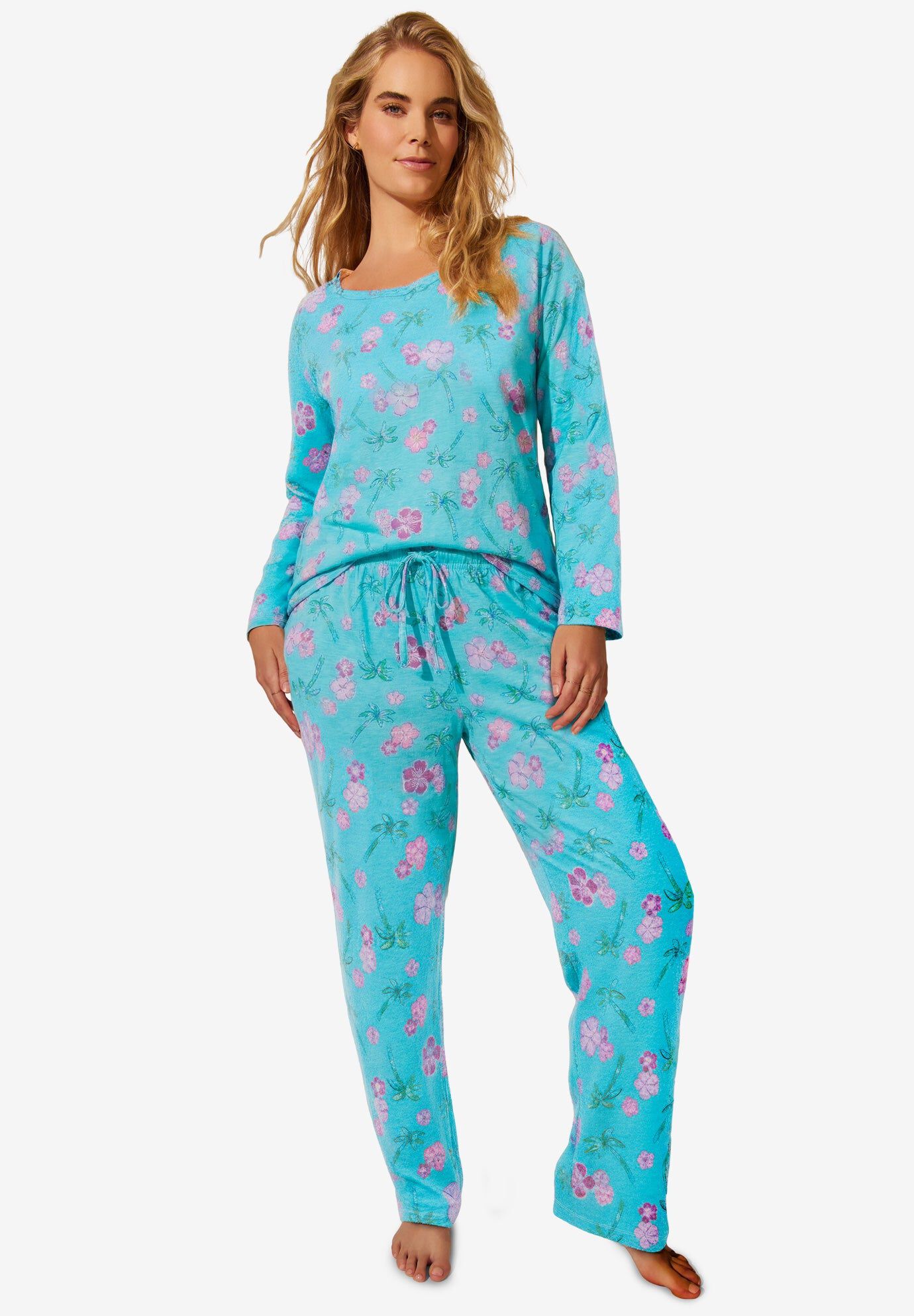 Three-Quarter Sleeve Pajama Set, CARIBBEAN BLUE HIBISCUS, hi-res image number 0