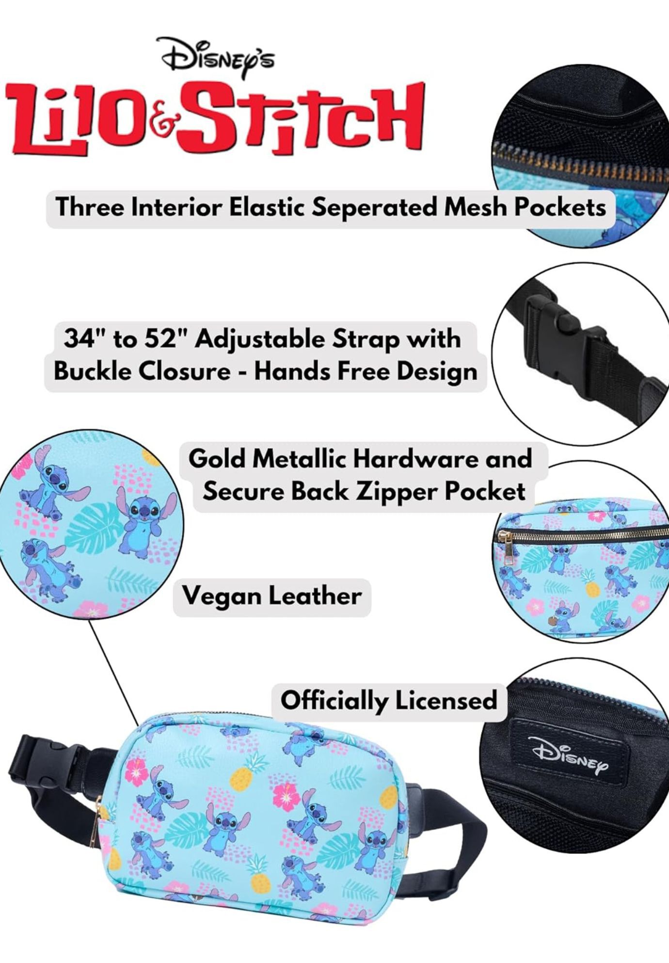 Disney Lilo & Stitch Tropical Belt Bag Fanny Pack Crossbody Sling Zippered, BLUE, alternate image number 5