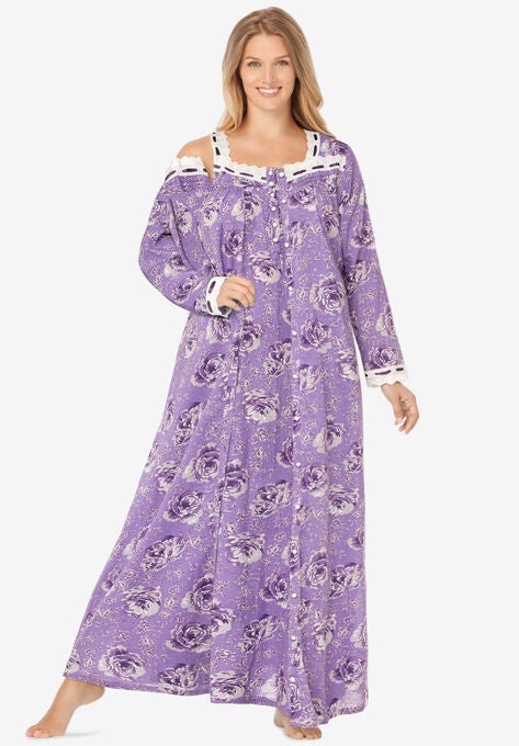 2-Piece Cabbage-Rose Print Peignoir Set, PURPLE FLORAL, hi-res image number null