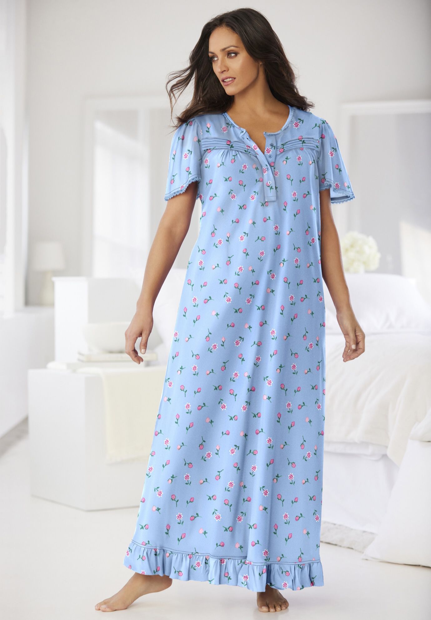 Matching Long Floral Gown & Slipper, Sky Blue Ditsy, , hi-res image number 0