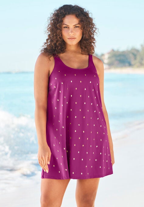 Studded Trapeze Swim Dress, FUCHSIA GOLD, hi-res image number null