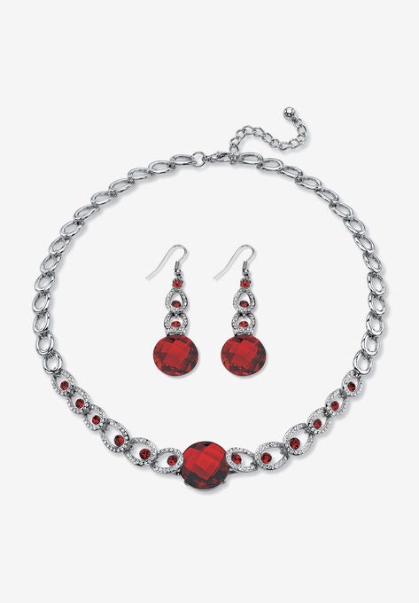 Silver Tone Collar Necklace and Earring Set, Simulated Birthstone, JANUARY, hi-res image number null