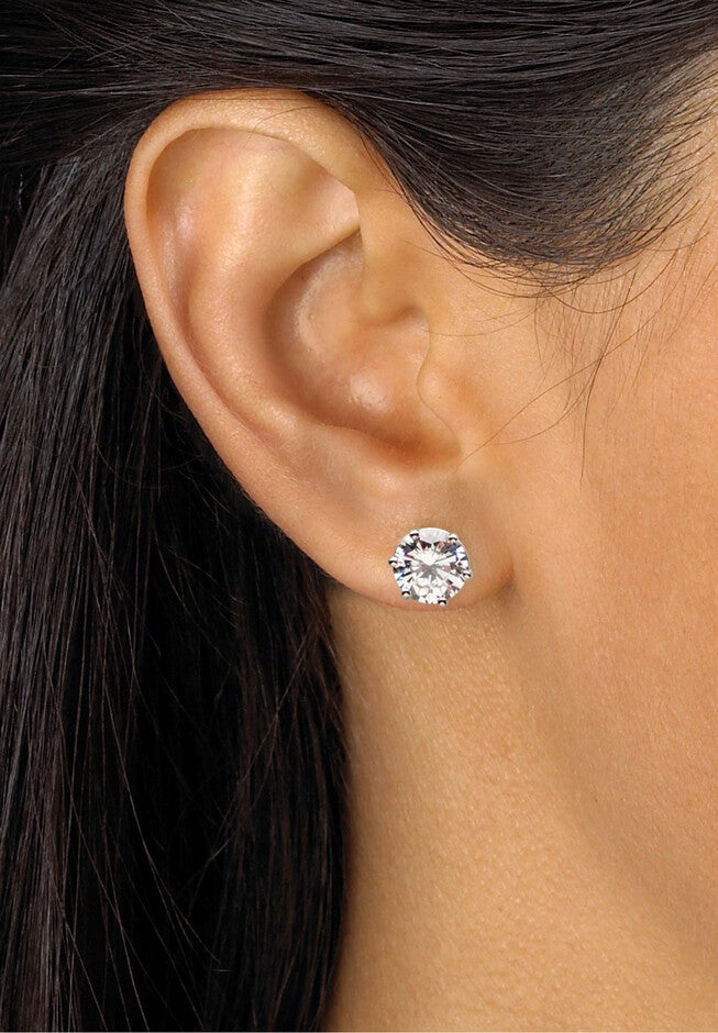 Round Cubic Zirconia Stud Earrings in Platinum over Silver (8.5mm), , alternate image number 2