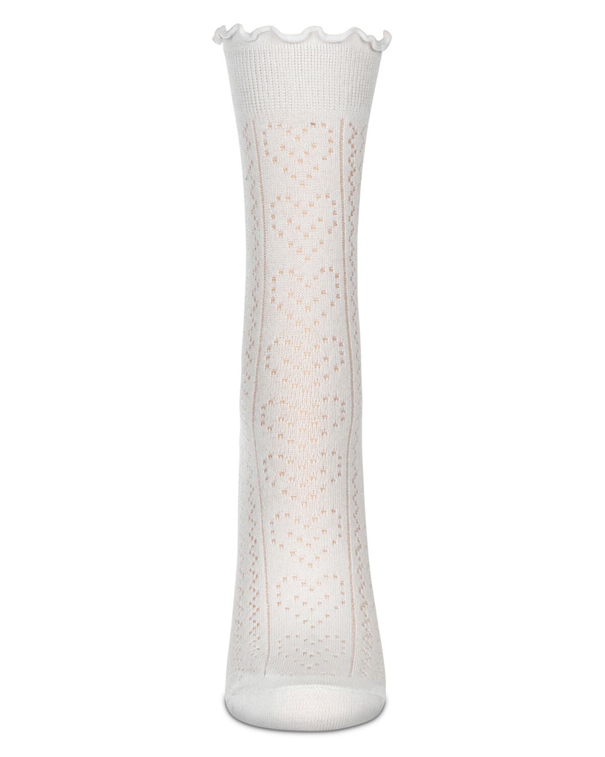 Women's Heart Ruffle Cuff Pointelle Crew Socks, WHITE, alternate image number 1