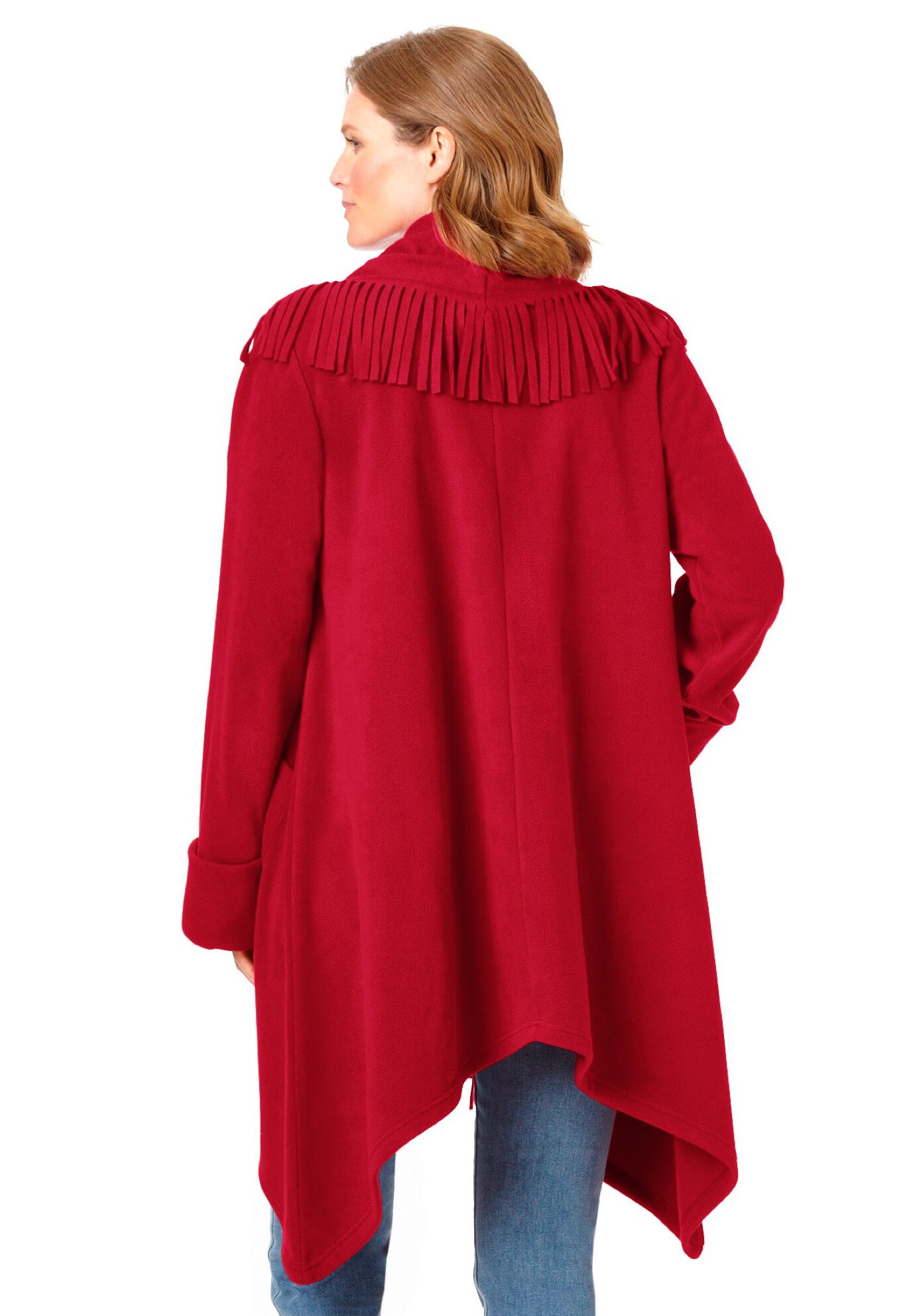 Fringed Shawl Collar Fleece Jacket, CLASSIC RED, on-hover image number 1