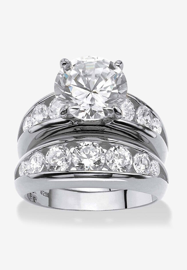 Silvertone Round Cubic Zirconia 2-Piece Channel Set Bridal Ring Set, SILVER, hi-res image number null