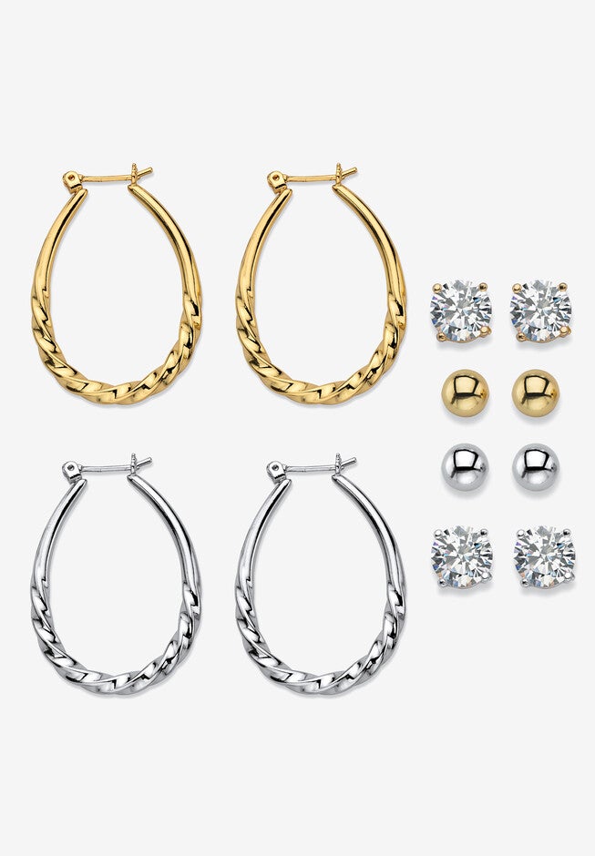 Cubic Zirconia Stud and Hoop Earrings, 6-Pair Set, GOLD, hi-res image number 0