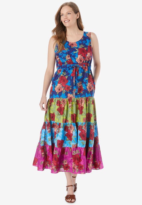 Triple Tiered Sleeveless Maxi Dress, DARK NAVY FLORAL, hi-res image number null