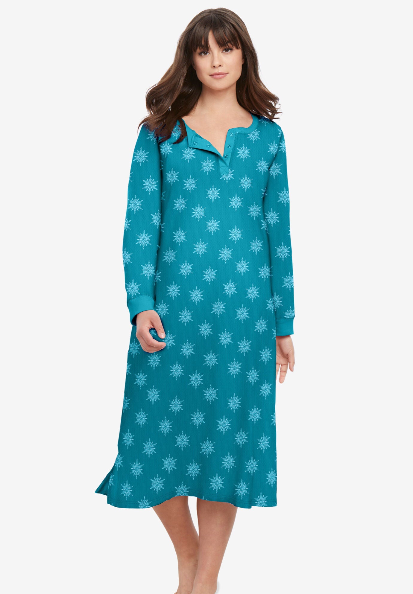 Ladies Thermal Henley Nightgown Dark Turq Snowflakes Jessica London