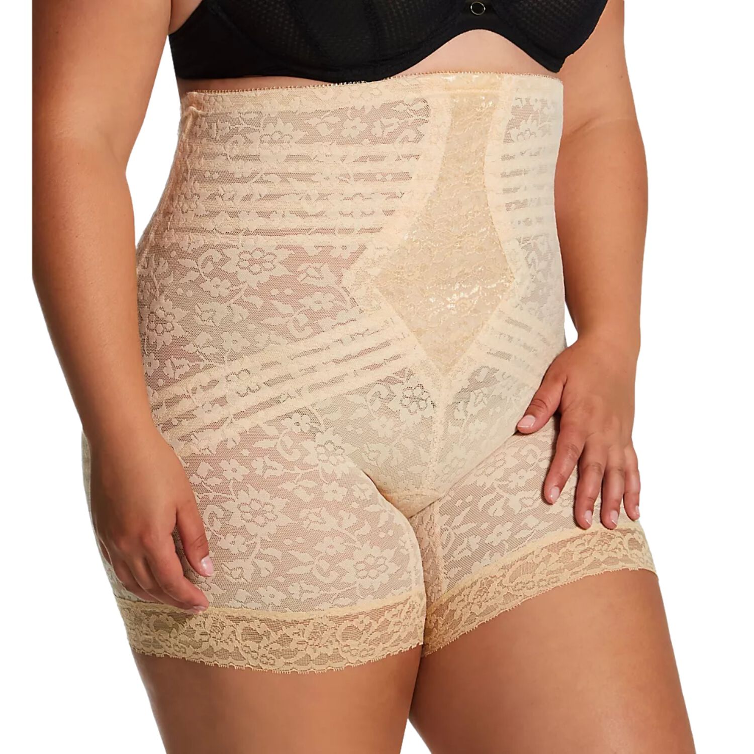 No Roll High Waist Lace Thigh Slimmer with Extra Firm Support, BEIGE, alternate image number 2