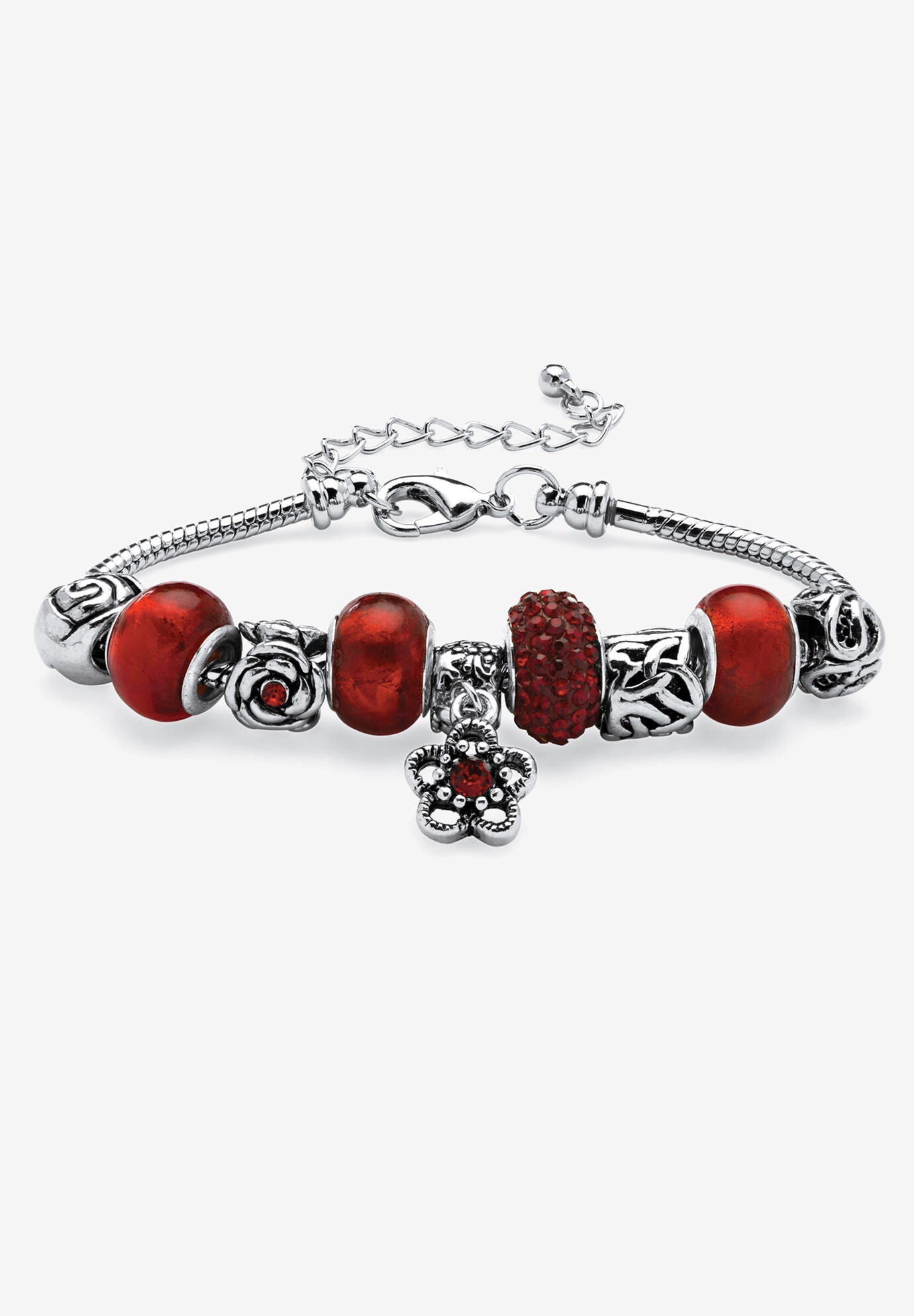 Bali Style Red Crystal Charm 8 inches Bracelet in Silvertone, JANUARY, hi-res image number 0