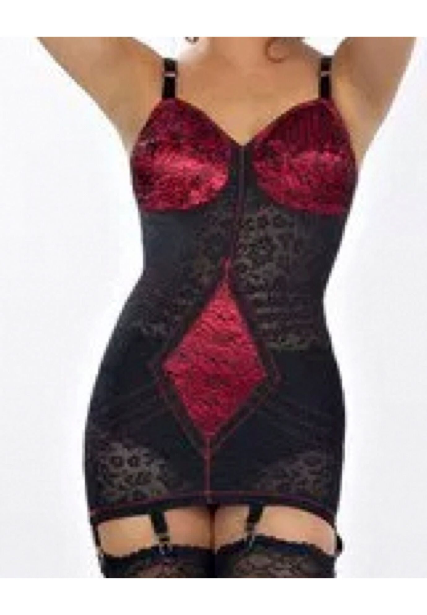 Extra Firm Shaping Lacette Open Bottom Body Briefer with Garters 9357, RED BLACK, hi-res image number 0