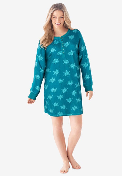 Thermal Henley Sleepshirt , DARK TURQ SNOWFLAKES, hi-res image number null