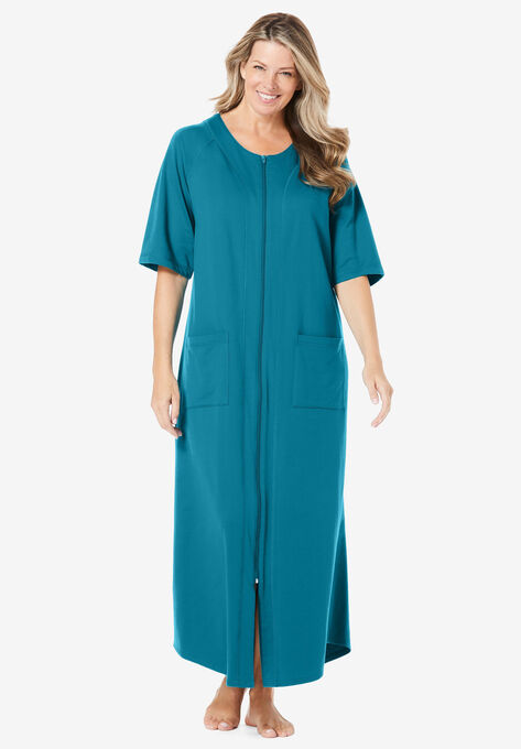 Long French Terry Zip-Front Robe, DEEP TEAL, hi-res image number null