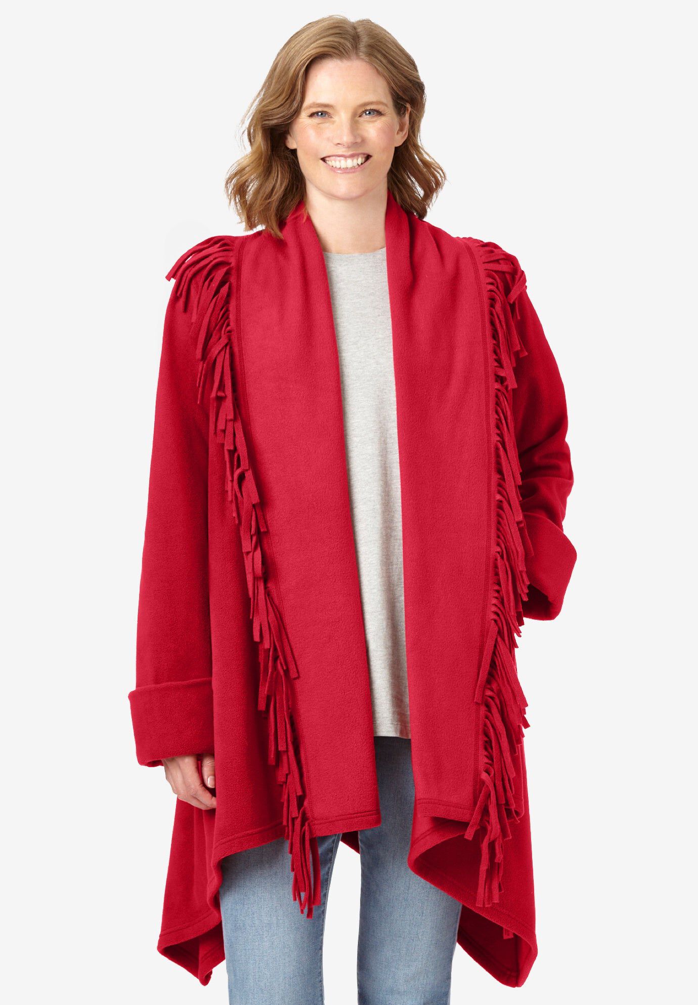 Fringed Shawl Collar Fleece Jacket, CLASSIC RED, hi-res image number 0