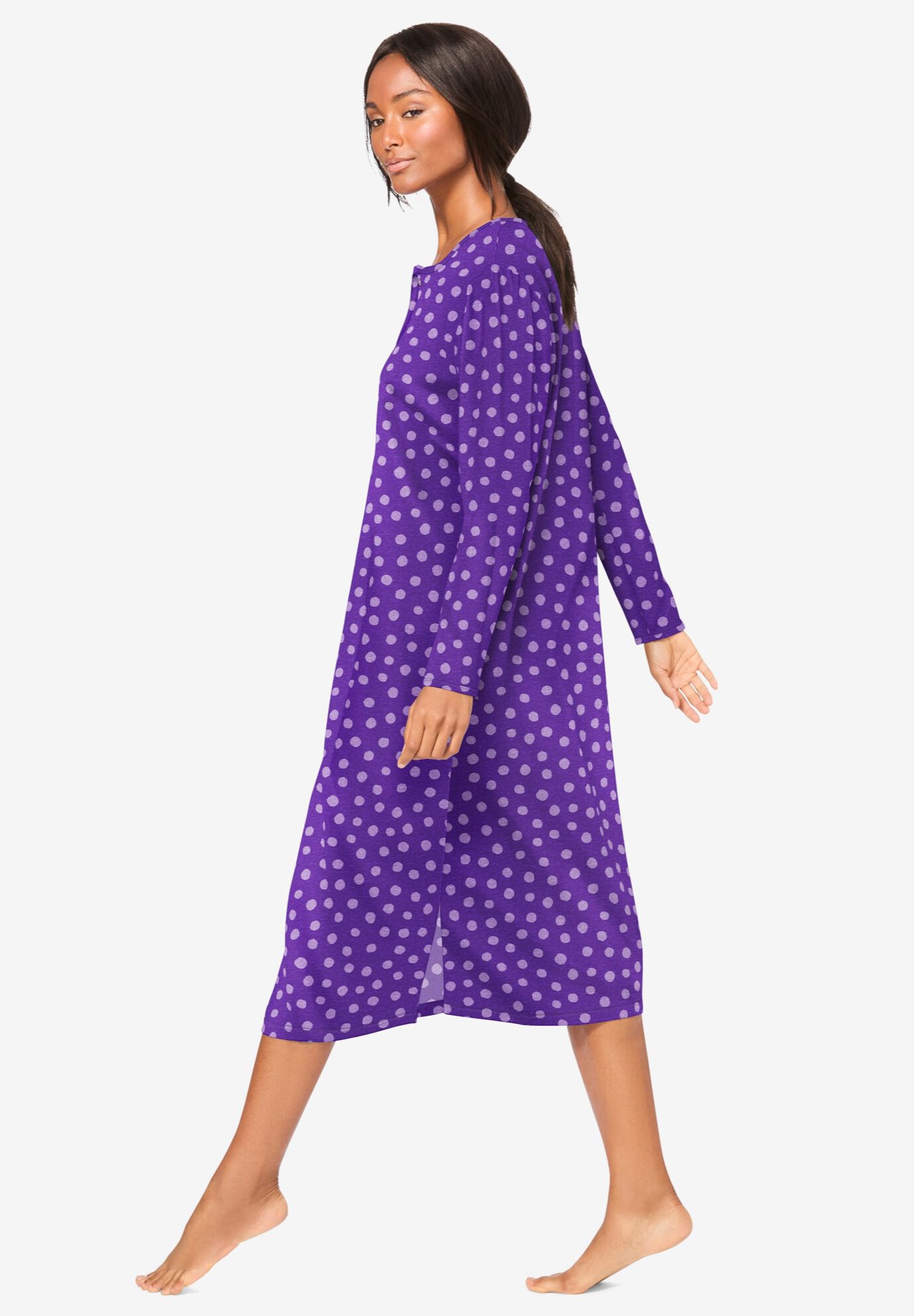 Long-Sleeve Henley Print Sleepshirt, PLUM BURST DOT, alternate image number 2