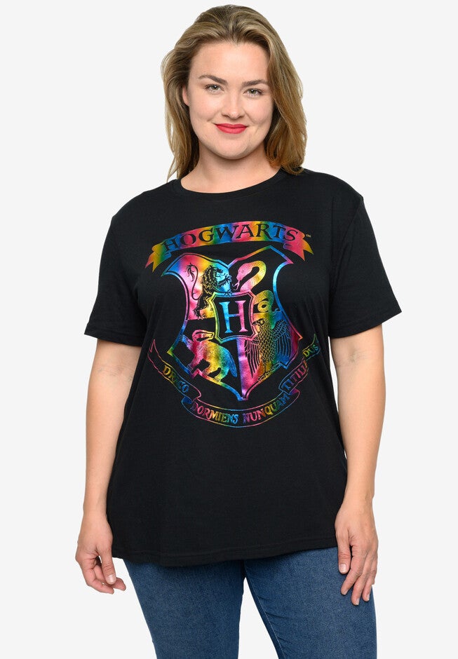 Harry Potter T-Shirt Hogwarts School Crest Rainbow Black, BLACK, hi-res image number 0