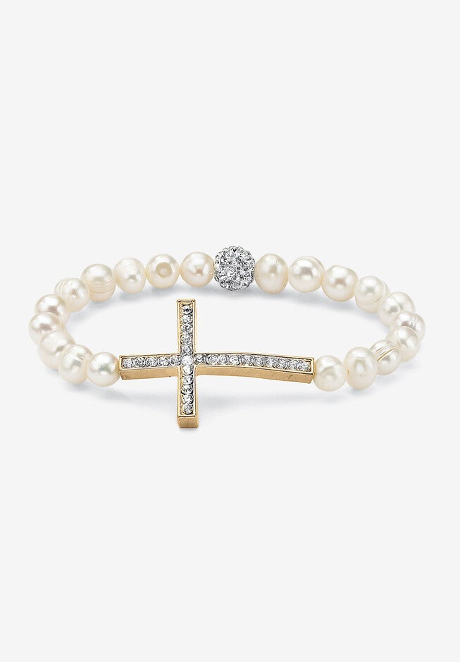 Gold Tone Cross Stretch Bracelet, Cultured Freshwater Pearl, 8 inches, GOLD, hi-res image number null