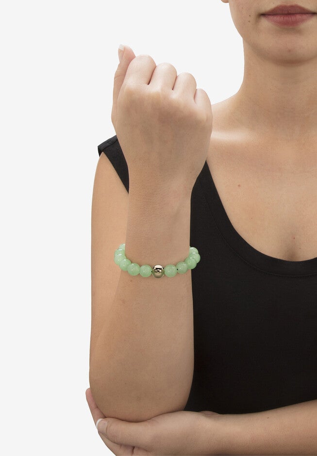 Yellow Gold Stretch Bracelet with Beaded Genuine Green Jade, 7 inches, , alternate image number null