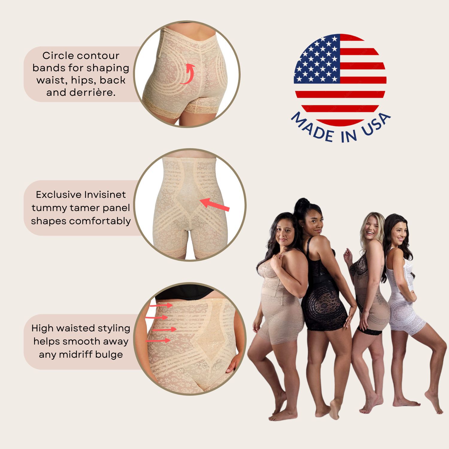 No Roll High Waist Lace Thigh Slimmer with Extra Firm Support, BEIGE, alternate image number 4