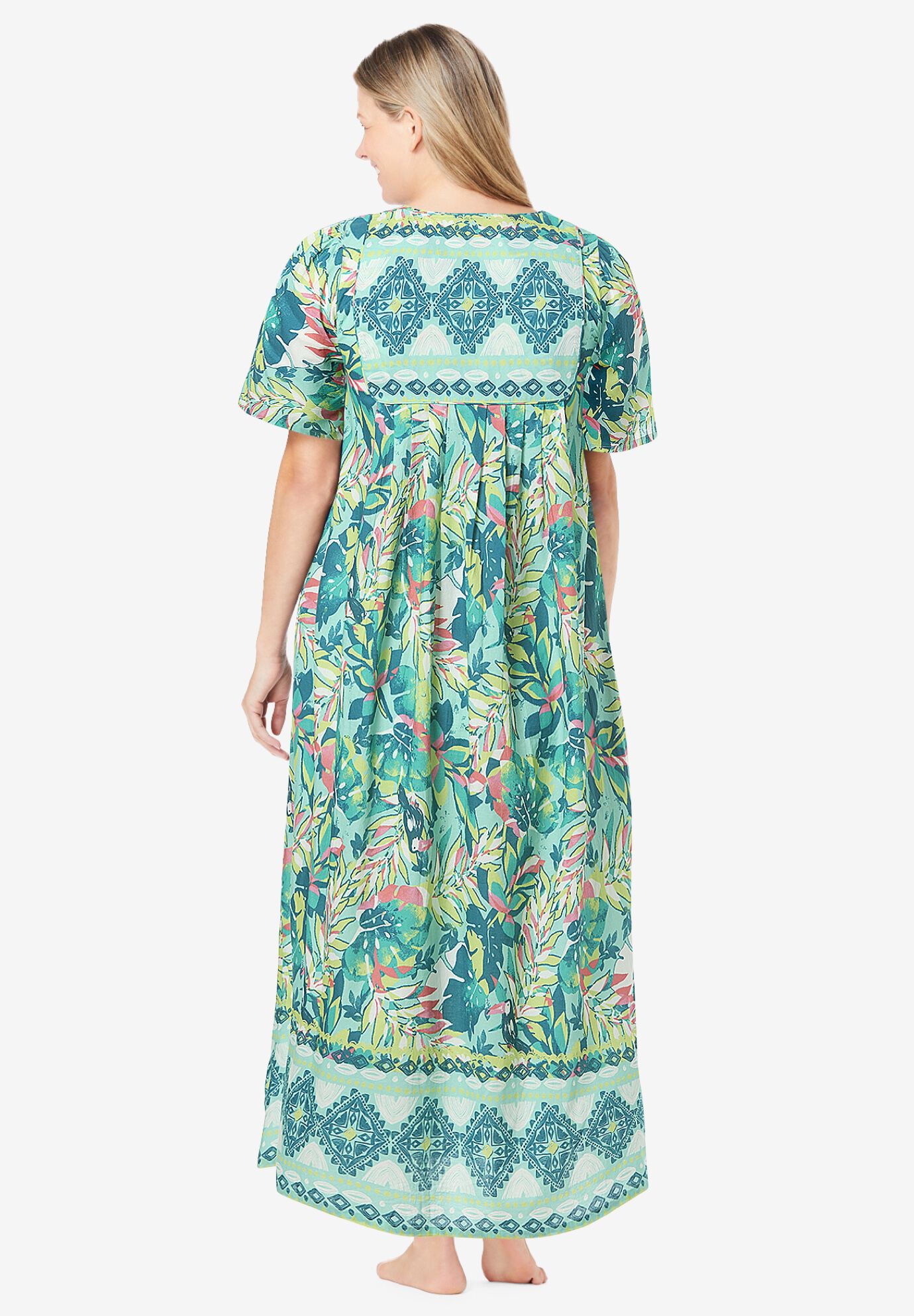 Bib-Front Short Sleeve Maxi Lounger, ISLAND AQUA TROPICAL, on-hover image number 1