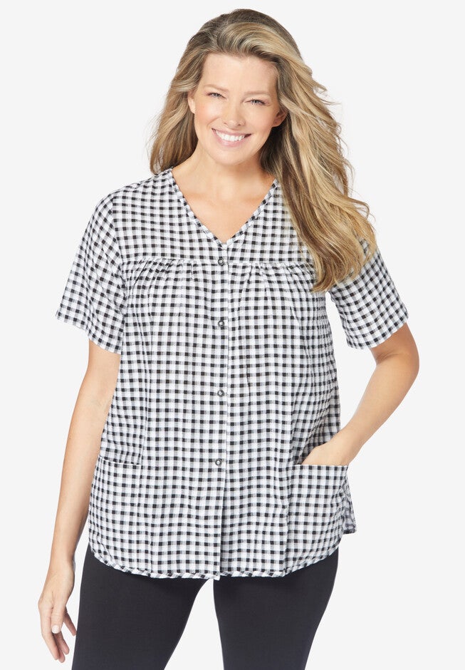 Seersucker Snap-Front Cobbler Apron, BLACK GINGHAM, hi-res image number null