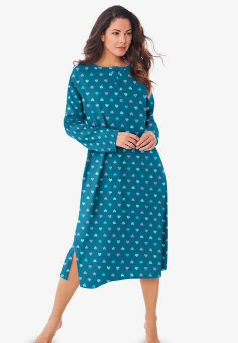 Long-Sleeve Henley Print Sleepshirt , DEEP TEAL HEARTS, hi-res image number null