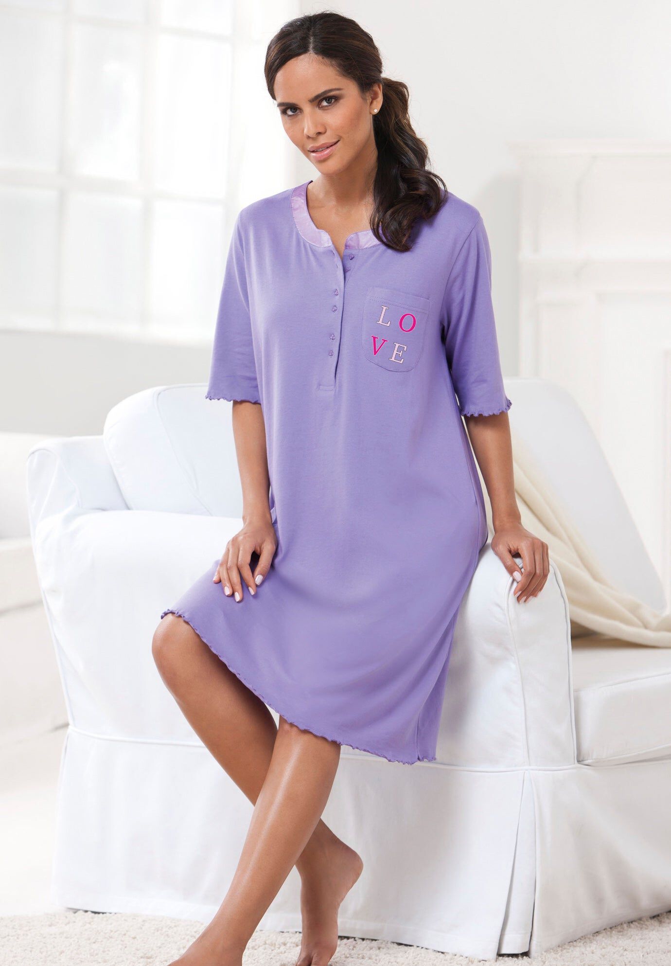 Satin Trim Cotton Sleepshirt, SOFT IRIS LOVE, hi-res image number 0