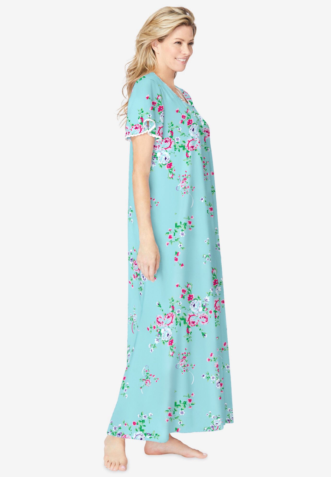 Short Pintuck Knit Gown, GREEN FLORAL, alternate image number 2