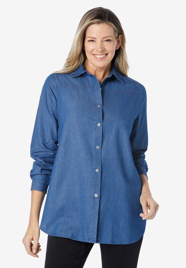 classic long-sleeve denim shirt, MEDIUM STONEWASH, hi-res image number 0