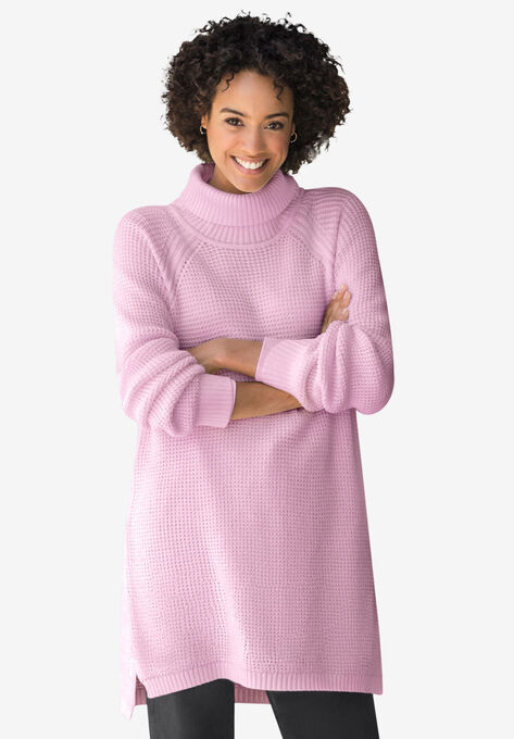 Waffle Knit Turtleneck Sweater, PINK, hi-res image number null