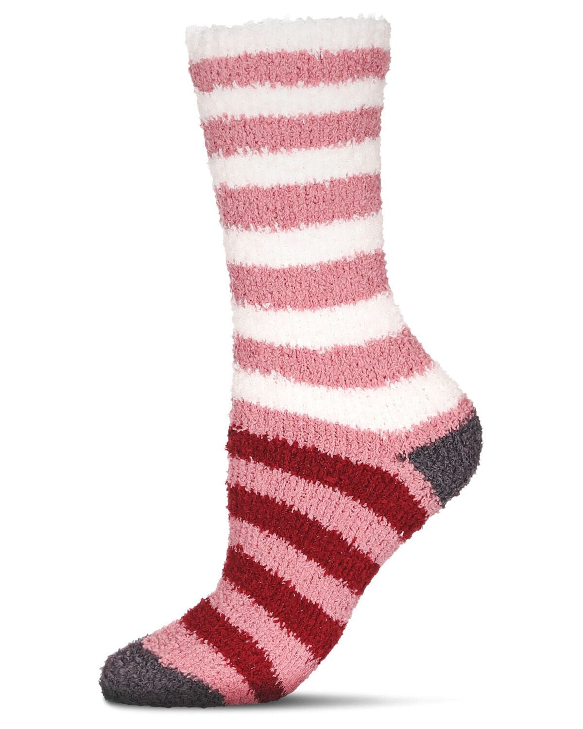 Women's Rugby Multicolor Stripe Cozy Crew Socks, DUSTY ROSE, hi-res image number 0