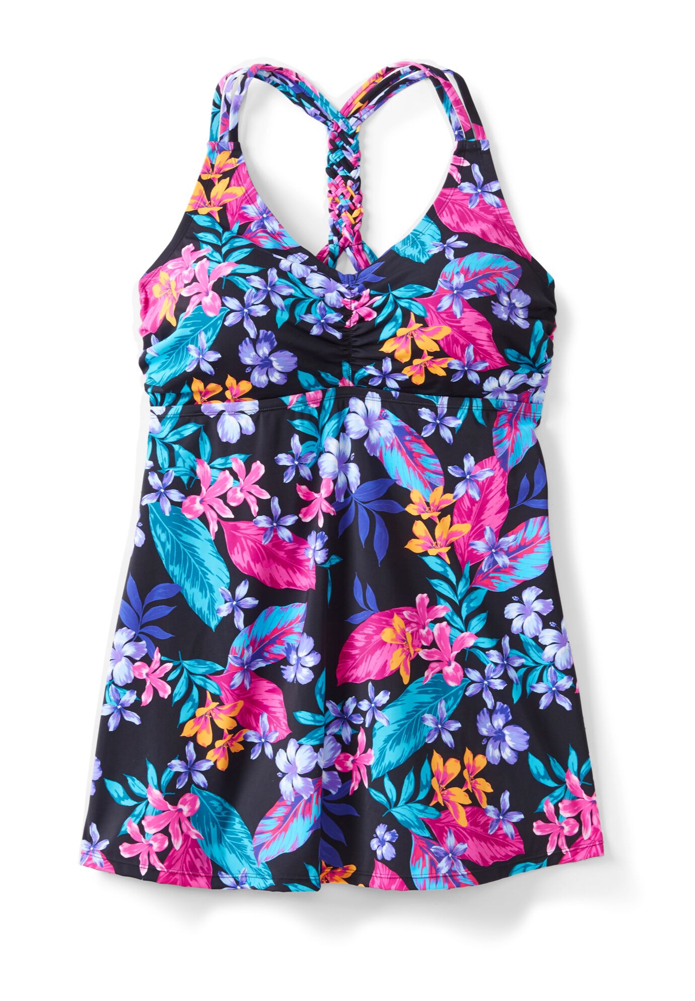 Longer Length Braided Tankini Top, BLACK PARADISE FLORAL, alternate image number 2