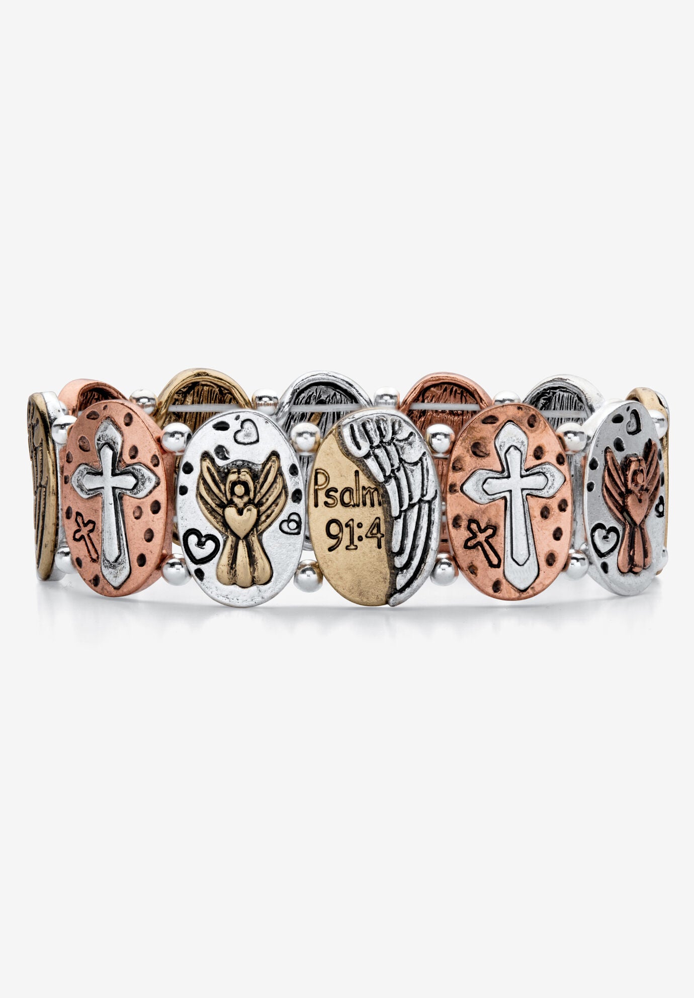 Tri Tone Antiqued Inspirational Stretch Bracelet (16Mm), 7 Inch Length, MULTI, hi-res image number 0