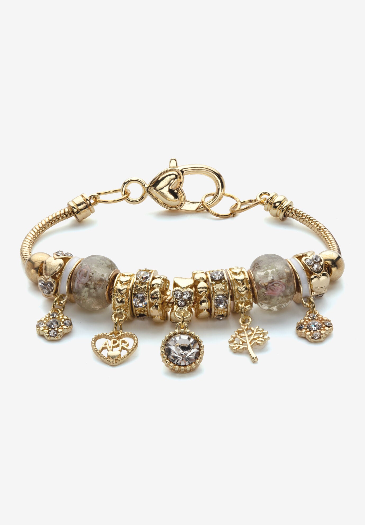 Goldtone Antiqued Birthstone Bracelet (13mm), Round Crystal 8 inch Adjustable, APRIL, hi-res image number 0